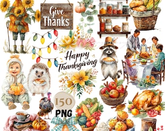 May include: A watercolor illustration featuring Thanksgiving-themed elements. Includes a scarecrow, a baby holding a pumpkin, a raccoon with a pie, a family at a table, and various food items like a turkey, pie, and basket of apples. The words "Give Thanks" and "Happy Thanksgiving" are also present.