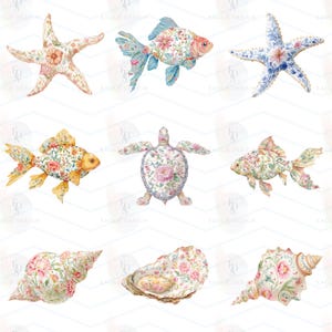 May include: A collection of nine watercolor illustrations featuring marine life including starfish, goldfish, and a sea turtle, all decorated with intricate floral patterns in shades of pink, blue, yellow, and green on a white background.