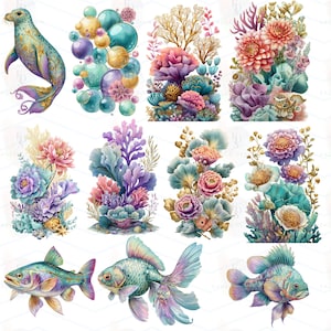 May include: A collection of watercolor illustrations featuring marine life and underwater elements. The images include a seal, bubbles, coral, flowers, and fish in shades of blue, purple, pink, and gold. The artwork has a whimsical and decorative style.