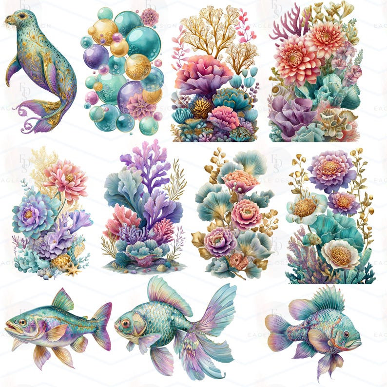 May include: A collection of watercolor illustrations featuring marine life and underwater elements. The images include a seal, bubbles, coral, flowers, and fish in shades of blue, purple, pink, and gold. The artwork has a whimsical and decorative style.