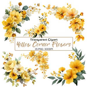 35 PNG GIALLO Verde Acquerello Bordo Angolo FIORI clip art, Fiori da matrimonio giallo verde, Bordo di fiori acquerello, Giallo e oro