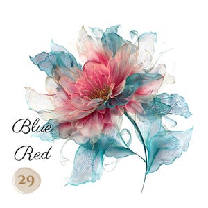 29 PNG TEAL e vermelho aquarela FLORES clip arts (300 dpi, uso comercial, pacote, digital, aquarela, tinta de álcool) contorno dourado