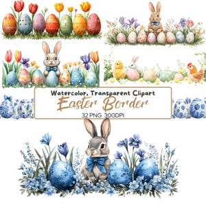 32 PNG Easter BORDER clipart – Bordi di pollo coniglietto floreale primaverile con sfondo trasparente per biglietti, inviti, artigianato, clipart di Pasqua