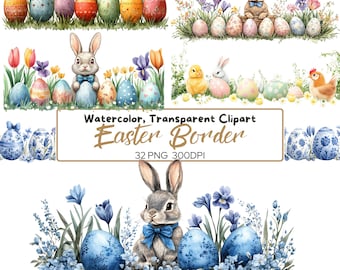 32 imágenes PNG de BORDES de Pascua: bordes florales de primavera con forma de conejito y pollo con fondo transparente para tarjetas, invitaciones, manualidades y imágenes prediseñadas de Pascua.