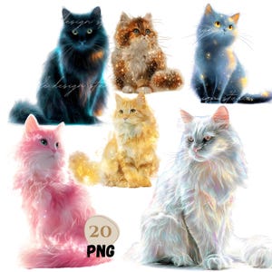 Bundle de cliparts chat fantastique, clipart chats scintillants PNG, chats fantaisistes scintillants, illustration animale colorée mignonne, chats colorés, rose, rouge
