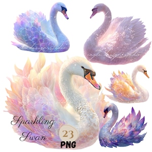 23 PNG Ethereal SWAN Clipart Bundle, Söt Nyckfull Svan Illustration Design, Fésvanar, Glittrande Pastellfantasysvanar Glödande