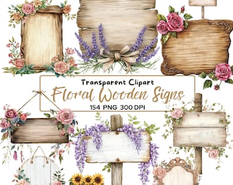 Paquete de 154 imágenes prediseñadas PNG de letreros florales de madera, letreros rústicos de madera editables, plantillas de letreros para bodas, marcos florales de estilo rústico, tableros de madera vintage.