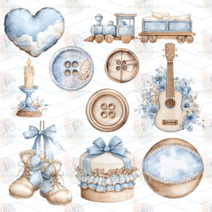 May include: Watercolor illustrations of baby-themed items in shades of blue and beige. Includes a heart-shaped pillow, a toy train, buttons, a candle holder, a ukulele with floral accents, baby boots, a cake, and a ball.