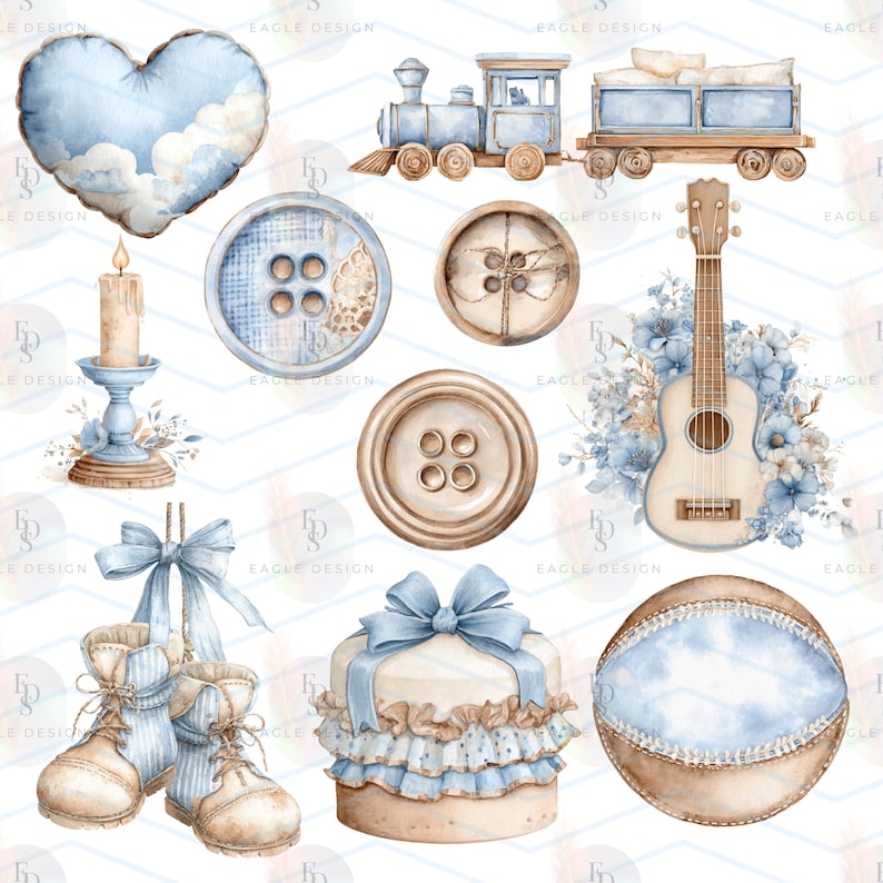 May include: Watercolor illustrations of baby-themed items in shades of blue and beige. Includes a heart-shaped pillow, a toy train, buttons, a candle holder, a ukulele with floral accents, baby boots, a cake, and a ball.