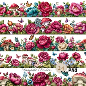 Märchenhafte Blumen Bordüre Clipart – Verzauberte Garten PNG Ränder mit Pilzen, Blumen & Schmetterlingen, 24 PNG | Sammelalbum Design Divider