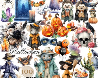 以下が含まれることがあります： 水彩画のハロウィーンをテーマにしたイラストのコレクション。カボチャ、幽霊、コウモリ、猫、魔女、かかし、頭蓋骨が含まれています。「ハロウィーン」という言葉は装飾的なフォントで書かれています。画像には「100 PNG」というテキストも含まれています。