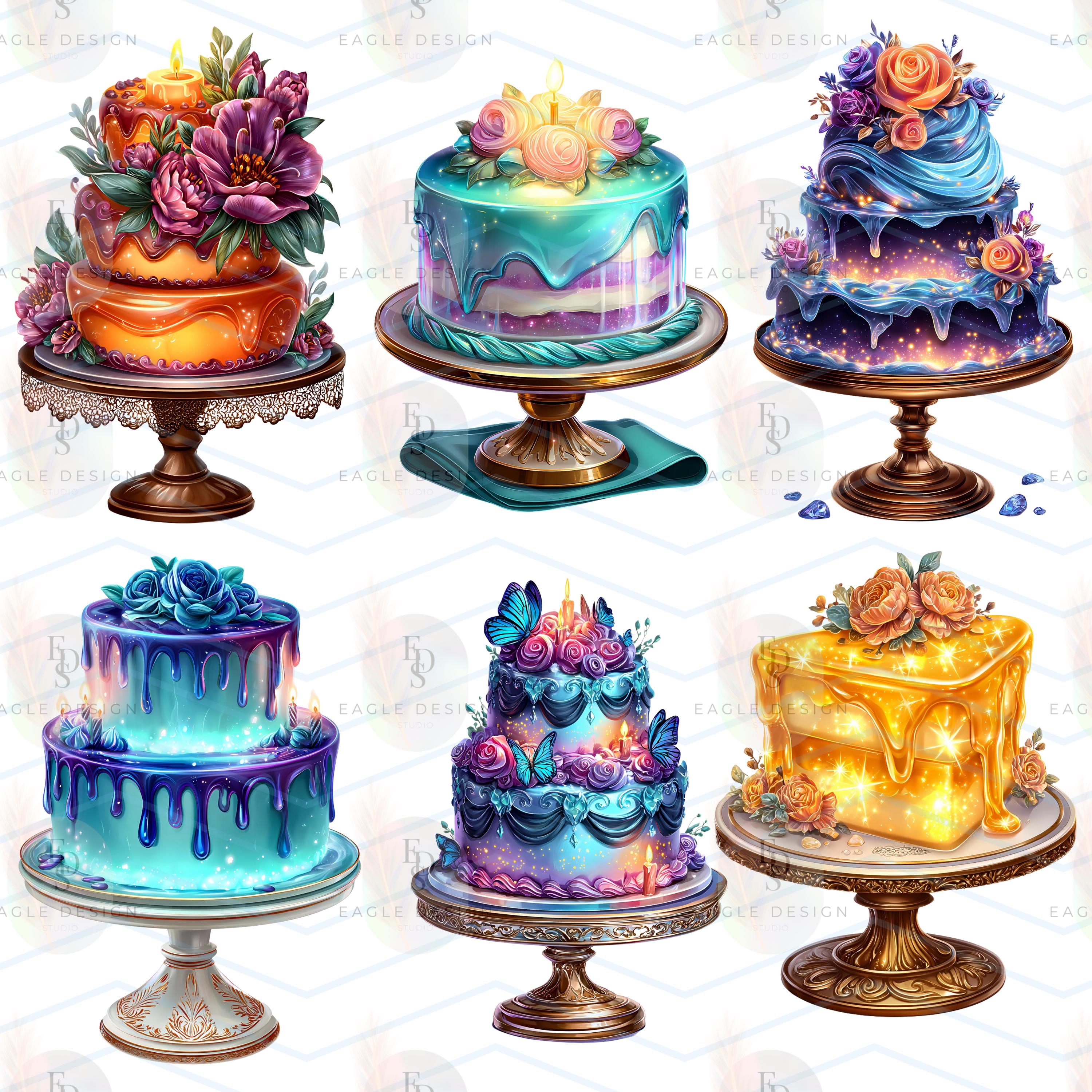 Ethereal Glowing Cake Clipart Bundle: Watercolor Birthday Cakes (30 PNG ...