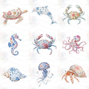 May include: A collection of nine watercolor illustrations featuring marine life including a sea turtle, dolphin, crabs, seahorse, octopus, seashell, jellyfish, and hermit crab, all decorated with intricate blue and pink floral patterns.