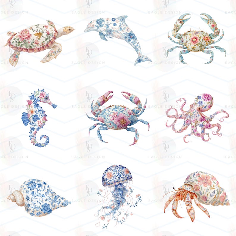 May include: A collection of nine watercolor illustrations featuring marine life including a sea turtle, dolphin, crabs, seahorse, octopus, seashell, jellyfish, and hermit crab, all decorated with intricate blue and pink floral patterns.