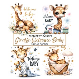 24 PNG Willkommen Baby Clipart, Kinderzimmer Dekor, niedliche Giraffe, digitaler Download, Baby Giraffe, Babyparty, Digitaldrucke, kommerzielle Nutzung