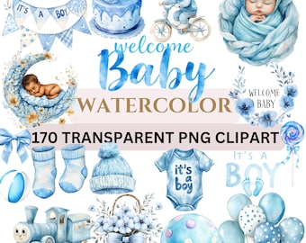 BABYSHOWER 170 PNG Watercolor - clip arts, Blue Boy shower png, commercial use, bundle, gender reveal party, Boy baby birthday, balloons