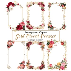 Gold Floral Frame Clipart Bundle: Elegant Wedding Invitation Design (PNG Digital Download)