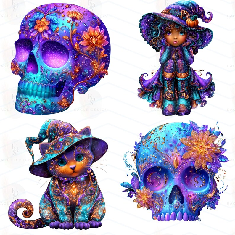 Op de afbeelding: Vier digitale illustraties met fantasiethema's. De afbeeldingen bevatten een versierde schedel, een heks-pop, een kat met een heksenhoed en een andere versierde schedel. Het kleurenpalet wordt gedomineerd door tinten blauw, paars en oranje, met ingewikkelde bloemen- en ornamentale details.