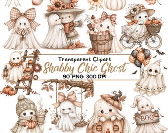 90 Shabby Chic Ghost Clipart PNG Bundle, Cute Halloween Watercolor Ghosts, Fall Boho Ghost Clip Art, Autumn Transparent PNG, Cozy Ghost