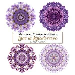 May include: Four watercolor floral kaleidoscope designs in shades of purple and white. The designs are circular and symmetrical, with intricate patterns resembling flowers. Text on the image reads "Watercolor, Transparent Clipart Lilac in Kaleidoscope 24 PNG 300DPI."