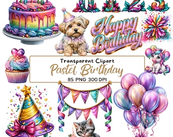 Paquete de 85 imágenes PNG de arcoíris pastel para cumpleaños / Lindos pasteles, globos, unicornios, animales PNG / Diseños de feliz cumpleaños / Pegatinas para sublimación