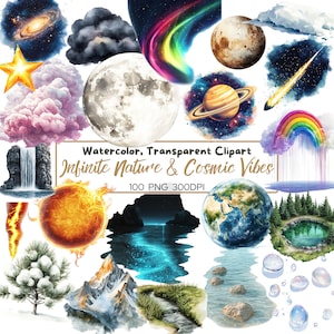 Infinite Nature & Cosmic Vibes clipartcollectie | 100 png planeet, maan, ster, waterval, bos, meer, regenboog | Hemelse en natuurlijke kunst