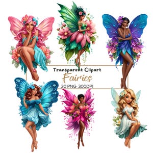 Pacote de Clipart de Fadas PNG | 30 Fadas de Fantasia em Aquarela | Fundo Transparente | Fadas Mágicas de Jardim | Arte de Sublimação para Imprimir