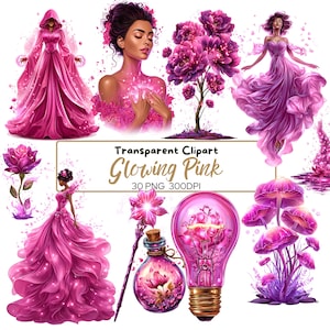 May include: A collection of digital art elements in shades of pink. The image includes illustrations of women in flowing gowns, a tree with pink flowers, a lightbulb with floral elements, and the text "Transparent Clipart Glowing Pink".