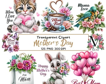 Paquete de 125 imágenes PNG para el Día de la Madre / Conjunto PNG floral para mamá / Animales lindos, frases, diseños de acuarela / 300 DPI / Sublimación y pegatinas
