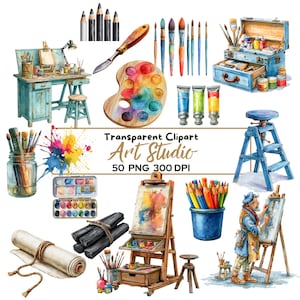 Könnte beinhalten: Eine Sammlung von Kunststudio-Cliparts mit einem blauen Schreibtisch, einer Holzstaffelei, einer Farbpalette, Pinseln, Farbtuben, Stiften, Holzkohle, einem blauen Hocker, einer Schriftrolle und einem Künstler mit dem Text Art Studio.