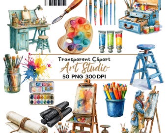 Art Studio Clipart Bundle, Watercolor Artist PNG, Paint Brushes, Easel, Palette, Art Supplies Clipart, Transparent PNG, Commercial Use