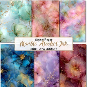 May include: A collection of digital paper designs featuring marble and alcohol ink textures. The designs showcase a variety of colors, including blues, pinks, purples, and greens, with gold accents. The text "Digital Paper Marble Alcohol Ink" is displayed on a white rectangle.