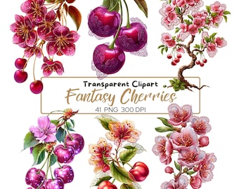 Imágenes prediseñadas de cerezas fantásticas en acuarela PNG, gráficos florales de flores de cerezo, ilustración de fruta rosa, elegantes elementos botánicos, descarga digital.