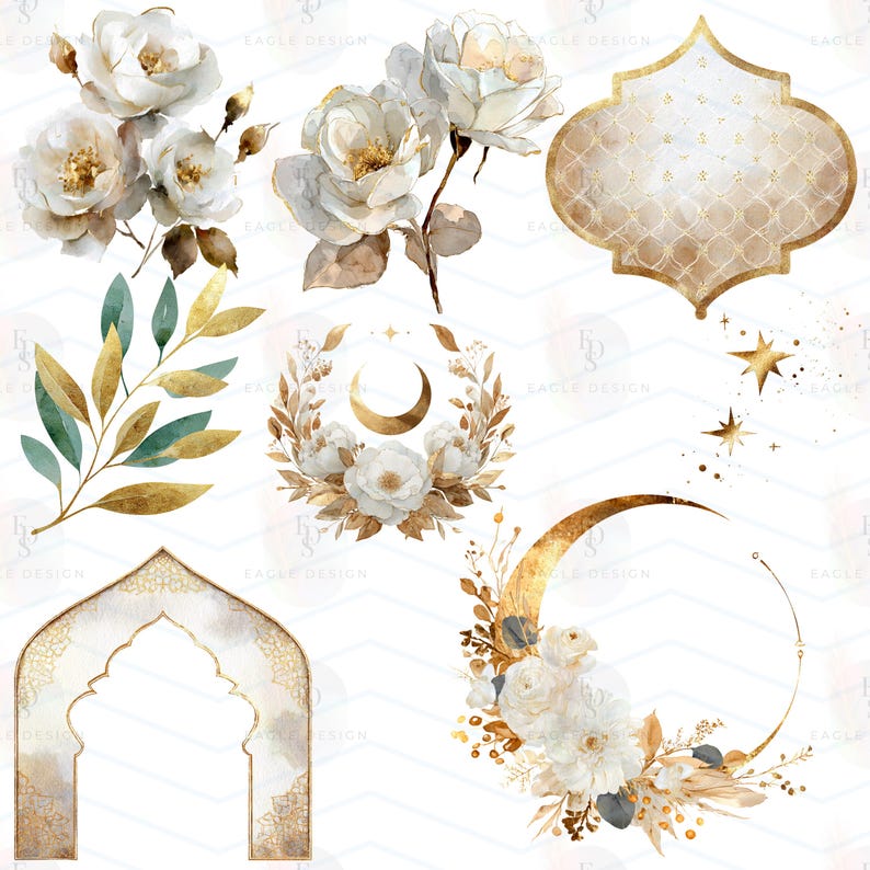 Puede incluir: Elementos florales de acuarela en blanco, dorado y verde. La imagen incluye rosas blancas, hojas doradas, una luna creciente, estrellas y marcos decorativos. El dise&ntilde;o tiene una est&eacute;tica suave y elegante, adecuada para varios proyectos creativos.