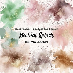 Neutral Watercolor Splatter Clipart | Transparent Ink Splashes | Abstract Watercolor Stains | Gold Splash Elements Background, 88 PNG
