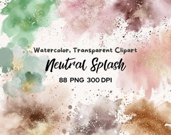 Neutral Watercolor Splatter Clipart | Transparent Ink Splashes | Abstract Watercolor Stains | Gold Splash Elements Background, 88 PNG