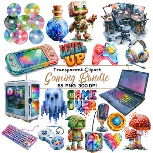 Gaming Clipart Bundle, 65 Watercolor PNG Gamer Graphics, Gaming Setup Clipart, Controller, Keyboard, PC, Laptop, Pixel Art, Streamer PNG