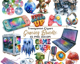 Gaming Clipart Bundle, 65 Watercolor PNG Gamer Graphics, Gaming Setup Clipart, Controller, Keyboard, PC, Laptop, Pixel Art, Streamer PNG