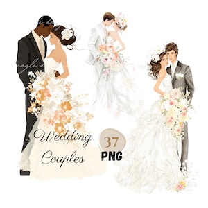 Paquete de imágenes prediseñadas de pareja de novios elegantes / Ilustraciones de novios / Acuarela de gráficos de boda romántica / 37 PNG / Descarga digital