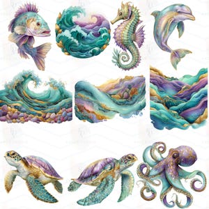 May include: Watercolor illustrations of marine life and ocean-themed elements. The image includes a fish, waves, a seahorse, a dolphin, sea turtles, and an octopus. The artwork features a palette of teal, purple, gold, and blue.