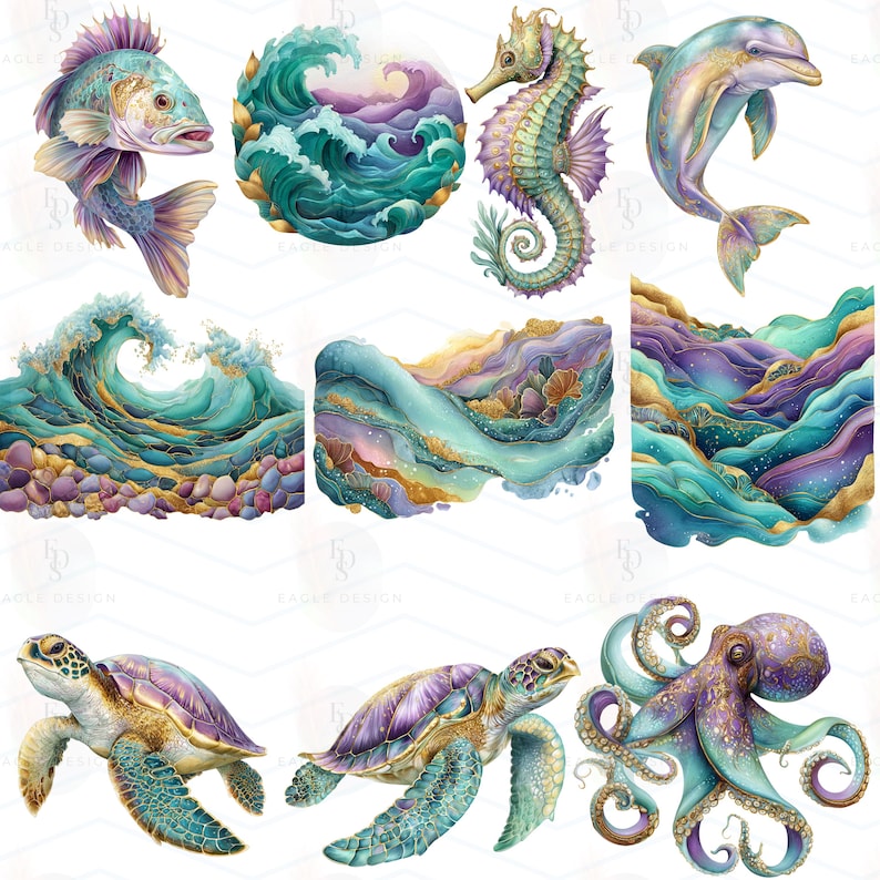 May include: Watercolor illustrations of marine life and ocean-themed elements. The image includes a fish, waves, a seahorse, a dolphin, sea turtles, and an octopus. The artwork features a palette of teal, purple, gold, and blue.