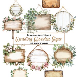 May include: A collection of watercolor wooden signs with floral and greenery accents. The signs are in various shapes, including round, rectangular, and oval, and are decorated with roses, eucalyptus, and cotton. Text on the image reads "Wedding Wooden Signs."