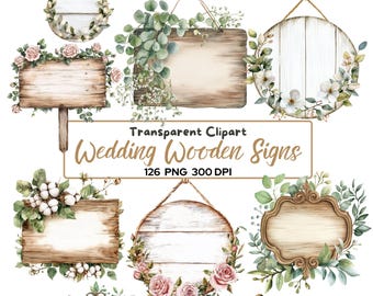 Paquete de 126 imágenes prediseñadas PNG de letreros de madera para bodas, plantillas de letreros florales rústicos, tablas de madera editables, letreros de boda con vegetación, boda estilo granja