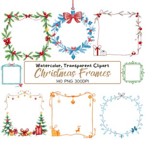 May include: Set of watercolour Christmas frames with various designs, including wreaths, garlands, and ornaments. The frames are transparent and perfect for adding a festive touch to your projects.