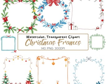 May include: Set of watercolor Christmas frames with various designs, including wreaths, garlands, and ornaments. The frames are transparent and perfect for adding a festive touch to your projects.
