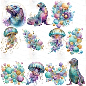 May include: Watercolor illustrations of marine life, including seals and jellyfish, in shades of blue, purple, and gold. The artwork features detailed textures and a whimsical style, with bubbles and floral accents.