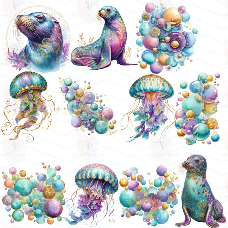 May include: Watercolor illustrations of marine life, including seals and jellyfish, in shades of blue, purple, and gold. The artwork features detailed textures and a whimsical style, with bubbles and floral accents.