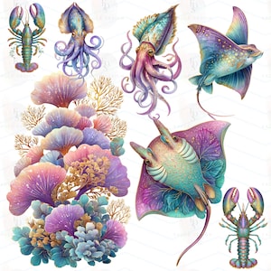 May include: Watercolor illustrations of marine life, including a lobster, squid, and stingrays, in shades of teal, purple, and gold. The image also features coral and seaweed in a variety of colors. The artwork has a whimsical and artistic style.