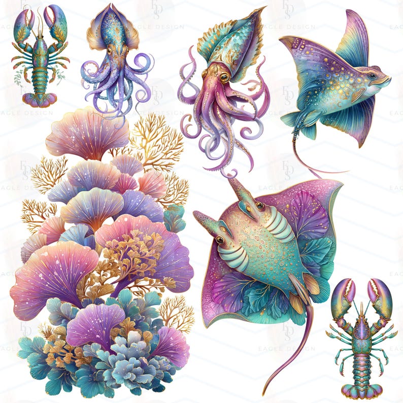 May include: Watercolor illustrations of marine life, including a lobster, squid, and stingrays, in shades of teal, purple, and gold. The image also features coral and seaweed in a variety of colors. The artwork has a whimsical and artistic style.