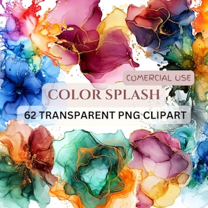 62 PNG Ink Color SPLASH clip arts (300 dpi, do użytku komercyjnego, pakiet, cyfrowy przezroczysty, akwarela, tusz alkoholowy) złoty kontur